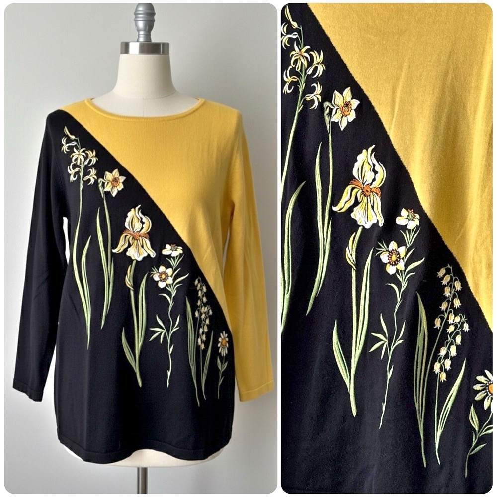 Bob Mackie Wearable Art Black Yellow Floral Embroidered Colorblock Top Large - Picture 10 of 11